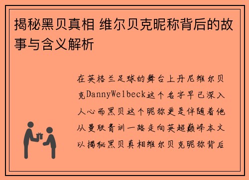 揭秘黑贝真相 维尔贝克昵称背后的故事与含义解析