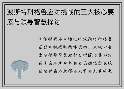 波斯特科格鲁应对挑战的三大核心要素与领导智慧探讨